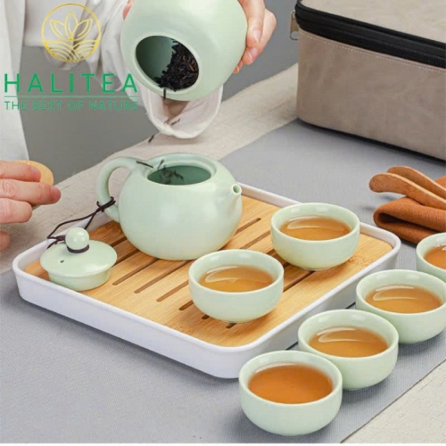 Combo Bộ Ấm Trà Sứ + Khay Khăn Dụng Cụ 10 Món Hộp Quà Tặng