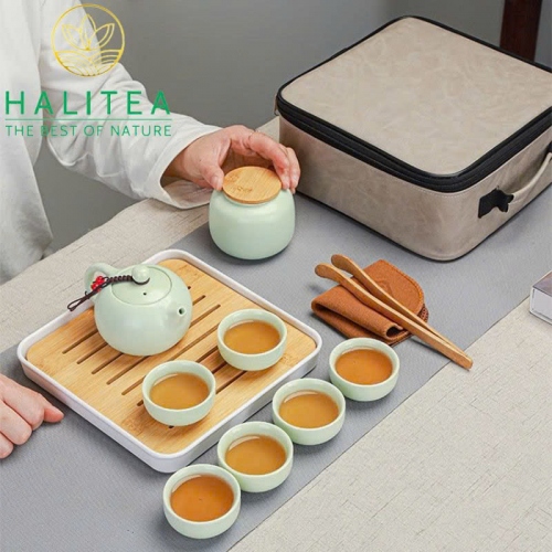 Combo Bộ Ấm Trà Sứ + Khay Khăn Dụng Cụ 10 Món Hộp Quà Tặng