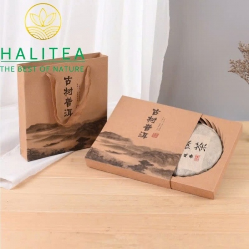 Hộp Đựng Trà Phổ Nhĩ Giấy Kraft – Thiết Kế Ngăn Kéo & Túi Xách Kèm Theo (357g)