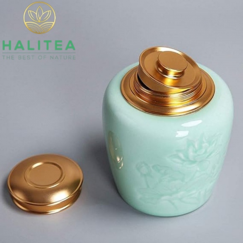 Hũ Đựng Trà Sứ Xanh Nắp Hợp Kim Cao Cấp 800ml