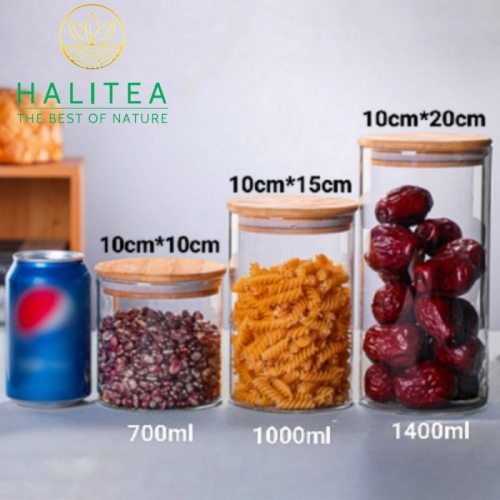 Hũ Thủy Tinh Đựng Trà Hoa Nắp Gỗ Tre 1400ml