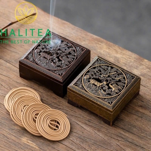 Lư Xông Trầm Hạc Lộc Đồng Xuân – Hộp Trầm Vuông Cổ Phong 8cm