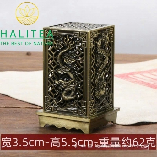 Lư Đồng Xông Trầm Đứng Chạm Khắc 3D Long Phụng, Tùng Hạc – Cao 6cm
