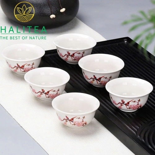 Set 06 Chén Trà Sứ Trắng Hoa Văn Đa Dạng 30ml