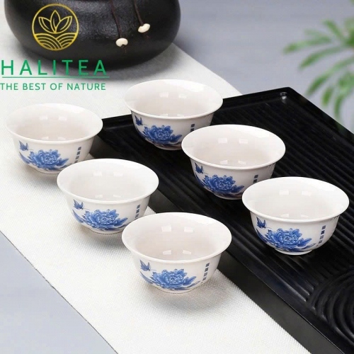 Set 06 Chén Trà Sứ Trắng Hoa Văn Đa Dạng 30ml