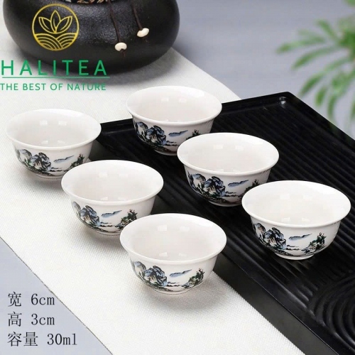 Set 06 Chén Trà Sứ Trắng Hoa Văn Đa Dạng 30ml