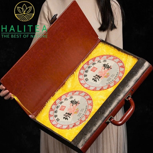 Set 2 Bánh Trà Phổ Nhĩ Chín Mảnh Hải Vân Nam Hộp Vali Quà Tặng Cao Cấp