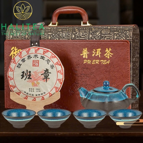 Set Bánh Trà Phổ Nhĩ Chín Vân Nam + Bộ Ấm Chén Thiên Mục Hộp Da Vali