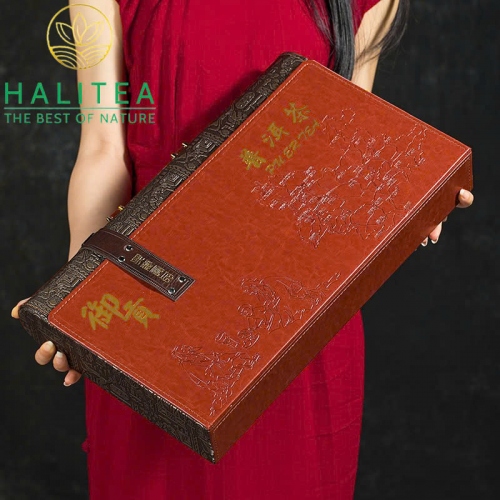 Set Bánh Trà Phổ Nhĩ Chín Vân Nam + Bộ Ấm Chén Thiên Mục Hộp Da Vali
