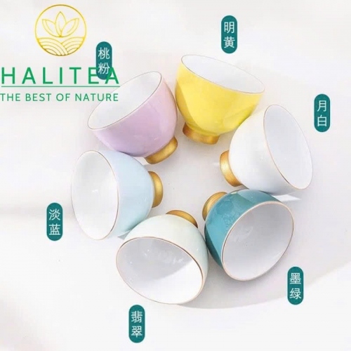Set Bộ 06 Chén Trà Sứ Men Màu Viền Vàng Đức Hóa 70ml