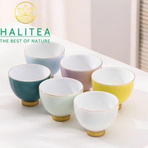 Set Bộ 06 Chén Trà Sứ Men Màu Viền Vàng Đức Hóa 70ml