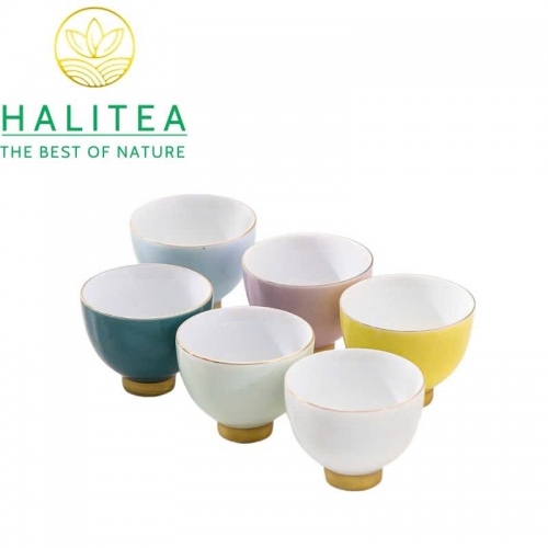 Set Bộ 06 Chén Trà Sứ Men Màu Viền Vàng Đức Hóa 70ml