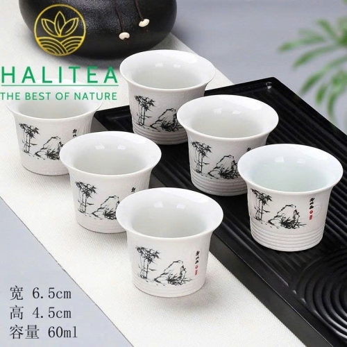 Set Bộ 06 Chén Trà Sứ Trắng Đức Hóa 60ml – Nhiều Hoa Văn (Tùy Chọn Mẫu)