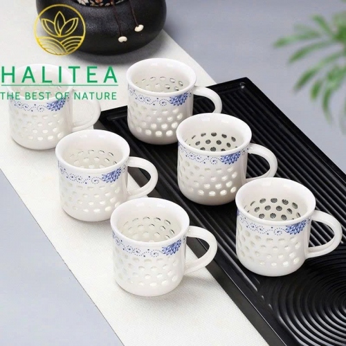 Set Bộ Tách Trà 6 Cái Sứ Trắng Lỗ Hoa Văn Lam 75ml