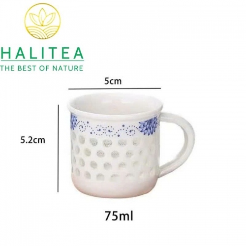 Set Bộ Tách Trà 6 Cái Sứ Trắng Lỗ Hoa Văn Lam 75ml