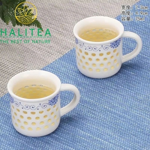 Set Bộ Tách Trà 6 Cái Sứ Trắng Lỗ Hoa Văn Lam 75ml