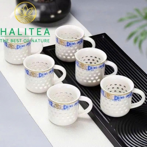 Set Bộ Tách Trà 6 Cái Sứ Trắng Lỗ Hoa Văn Lam 75ml