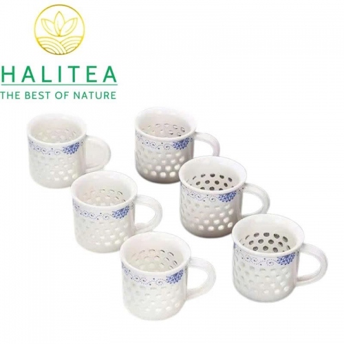 Set Bộ Tách Trà 6 Cái Sứ Trắng Lỗ Hoa Văn Lam 75ml