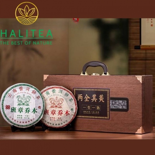 Set Quà Tặng 2 Bánh Trà Phổ Nhĩ Lưỡng Toàn Kỳ Mỹ Ban Chương Kiều Mộc | Hộp Vali Cao Cấp 375g x 2