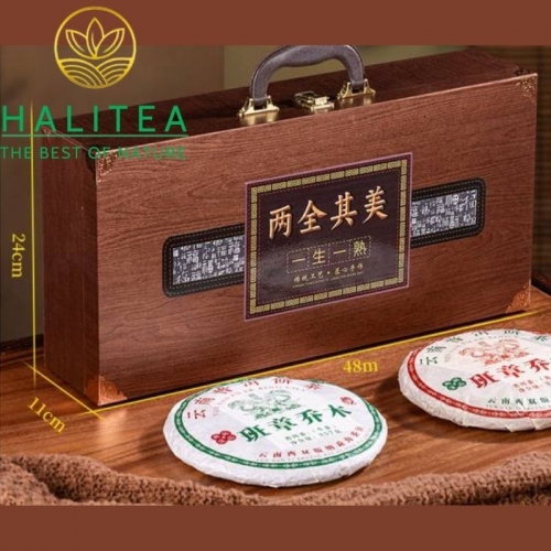 Set Quà Tặng 2 Bánh Trà Phổ Nhĩ Lưỡng Toàn Kỳ Mỹ Ban Chương Kiều Mộc | Hộp Vali Cao Cấp 375g x 2