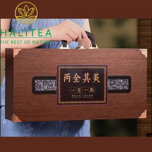 Set Quà Tặng 2 Bánh Trà Phổ Nhĩ Lưỡng Toàn Kỳ Mỹ Ban Chương Kiều Mộc | Hộp Vali Cao Cấp 375g x 2