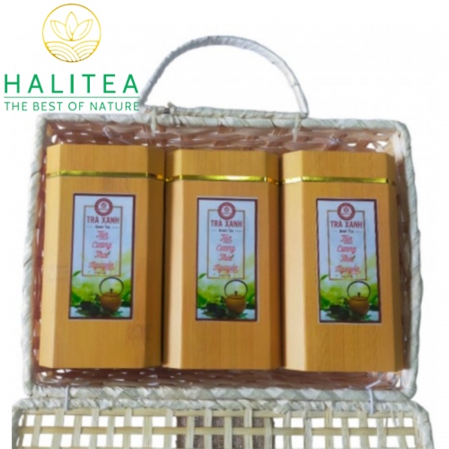 Set Quà Tặng Trà Móc Câu Cao Cấp HALITEA Hộp Tre Đan 600gr