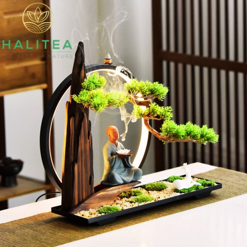 Thác Khói Trầm Hương Đèn Led Thiền Sư Hươu Trắng