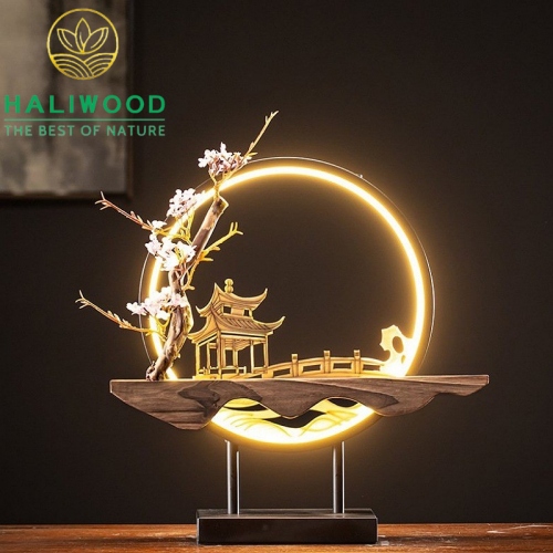 Thác Khói Trầm Hương Đèn Led Tròn Hoa Mận Đỏ