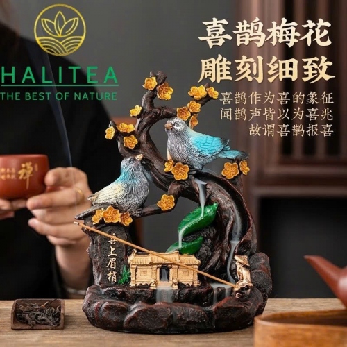Thác Khói Xông Trầm Đôi Chim Hỷ Tước Hoa Mai - 23×11.5×17.5 cm