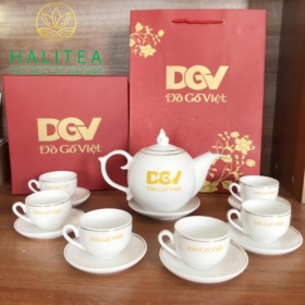Bộ Ấm Tách Sứ Men Trắng Cao Cấp Kiểu Tròn In Logo