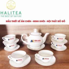 Bộ Bình Trà Gốm Sứ Bát Tràng Men Trắng In Logo 100 bộ