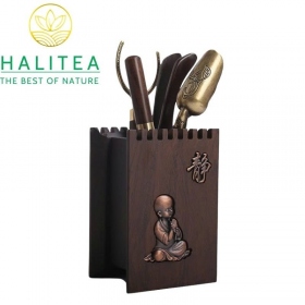 Bộ Trà Đạo Lục Quân Tử Gỗ Mun Khắc Họa Tiết Thiền 6 Món