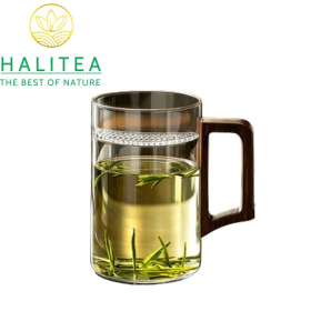 Cốc Thủy Tinh Chịu Nhiệt Quai Gỗ Dáng Trụ 500ml