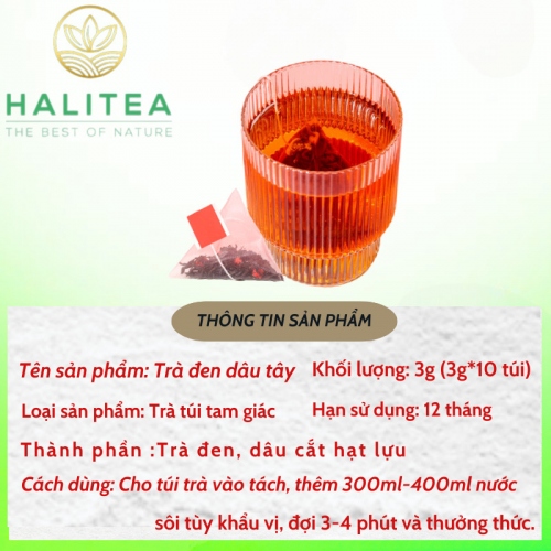 Trà Đen Dâu Tây HALITEA Túi Tam Giác Hộp Thiếc 30gr/ hộp/10 túi