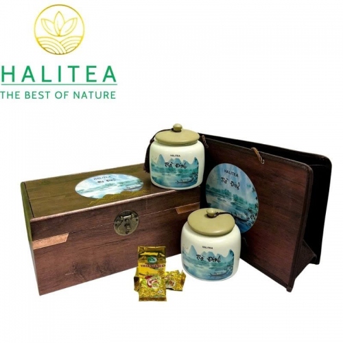 Trà Đinh Đặc Cấp Tân Cương Thái Nguyên – Hộp Gỗ Hũ Sứ Cao Cấp HALITEA 300g