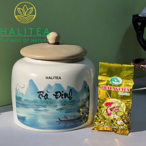 Trà Đinh Đặc Cấp Tân Cương Thái Nguyên – Hộp Gỗ Hũ Sứ Cao Cấp HALITEA 300g