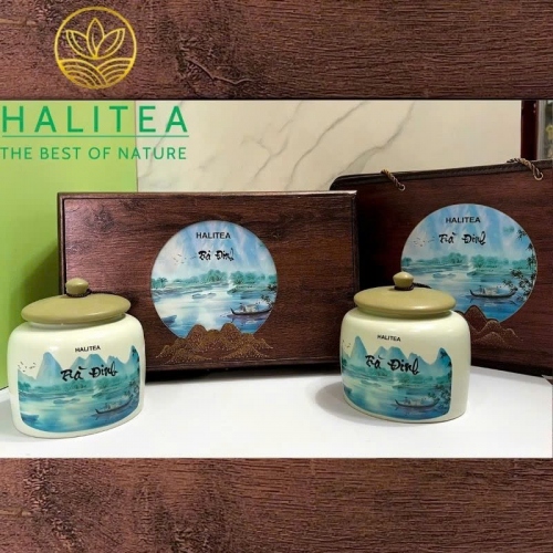 Trà Đinh Đặc Cấp Tân Cương Thái Nguyên – Hộp Gỗ Hũ Sứ Cao Cấp HALITEA 300g