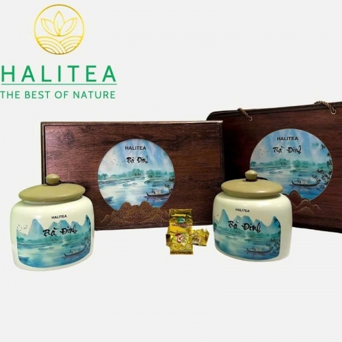 Trà Đinh Đặc Cấp Tân Cương Thái Nguyên – Hộp Gỗ Hũ Sứ Cao Cấp HALITEA 300g