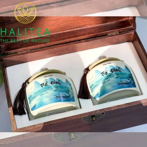 Trà Đinh Đặc Cấp Tân Cương Thái Nguyên – Hộp Gỗ Hũ Sứ Cao Cấp HALITEA 300g