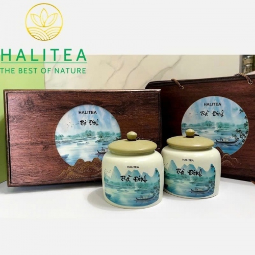 Trà Đinh Đặc Cấp Tân Cương Thái Nguyên – Hộp Gỗ Hũ Sứ Cao Cấp HALITEA 300g