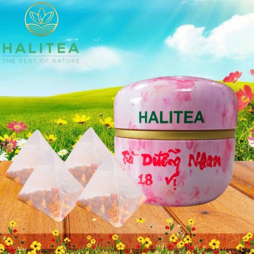 Trà Dưỡng Nhan 18 Vị HALITEA Túi Tam Giác Hộp Thiếc 50gr/ hộp/10 túi