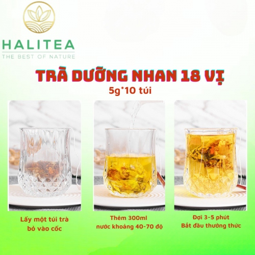 Trà Dưỡng Nhan 18 Vị HALITEA Túi Tam Giác Hộp Thiếc 50gr/ hộp/10 túi