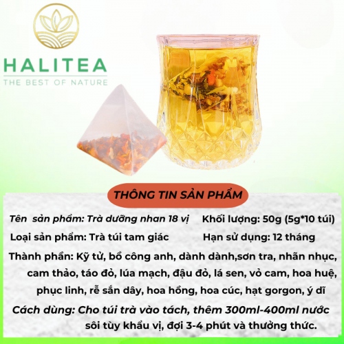 Trà Dưỡng Nhan 18 Vị HALITEA Túi Tam Giác Hộp Thiếc 50gr/ hộp/10 túi