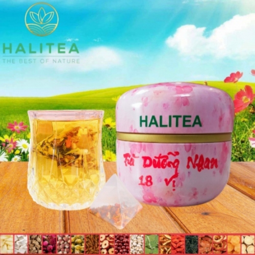 Trà Dưỡng Nhan 18 Vị HALITEA Túi Tam Giác Hộp Thiếc 50gr/ hộp/10 túi