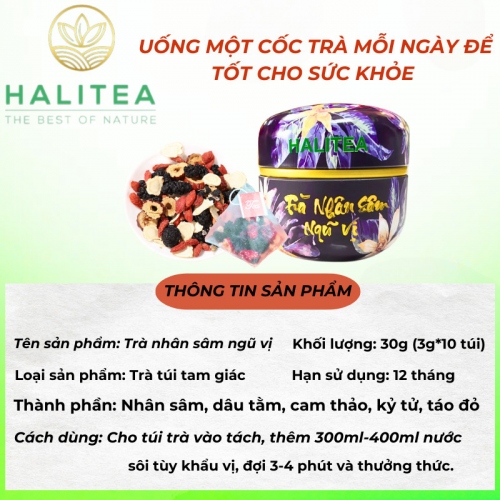 Trà Nhân Sâm Ngũ Vị HALITEA Túi Tam Giác Hộp Thiếc 50gr/ hộp/ 10 túi