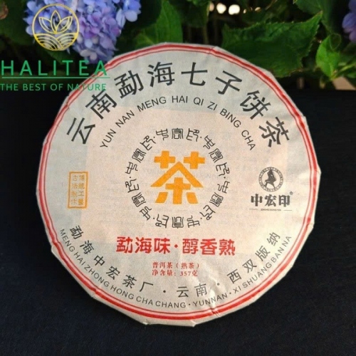 Trà Phổ Nhĩ Chín Mãnh Hải Trung Hoành Ấn Vàng – Bánh 357g