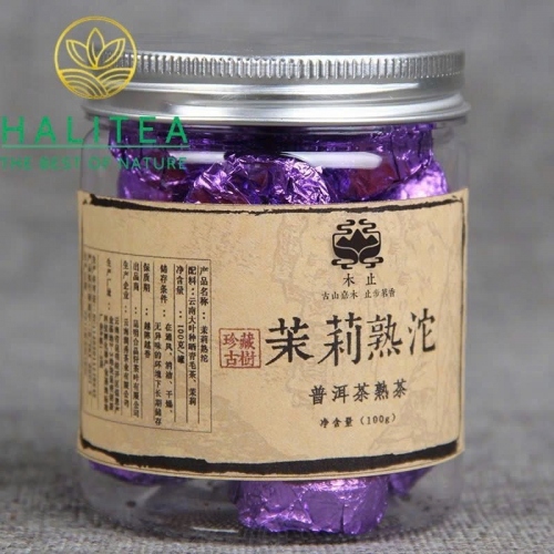 Trà Phổ Nhĩ Chín Viên Ướp Hoa Nhài Hũ 100g