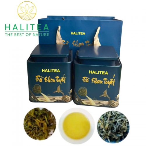 Trà Shan Tuyết Cổ Thụ HALITEA Cao Cấp Hộp Thiếc Xanh 200gr Set Quà Tết