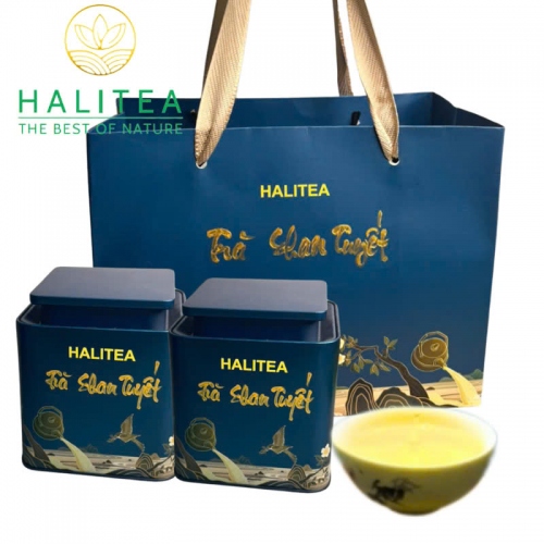 Trà Shan Tuyết Cổ Thụ HALITEA Cao Cấp Hộp Thiếc Xanh 200gr Set Quà Tết