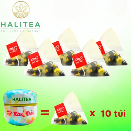 Trà Xanh Đào HALITEA Túi Tam Giác Hộp Thiếc 35gr/ hộp/10 túi